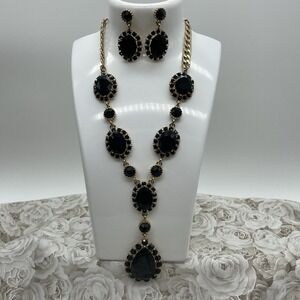 Necklace & Dangle Earrings Gold Tone Black Faceted Teardrop Adjustable Fashion